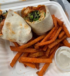 Wooly Bully Wrap with Sweet Potato Friess  at B-Side Grill in New Paltz