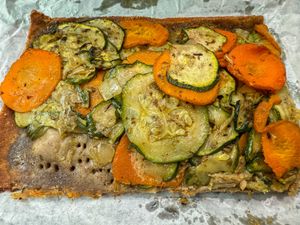 courgette and carrot 'coca' = traditional Mallorcan pastry   at Eco Sa Teulera in Manacor