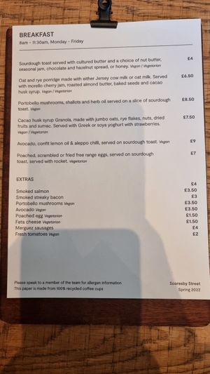 Menu at Origin Coffee Roasters in South East London