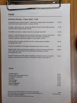 Breakfast menu at Origin Coffee Roasters in South East London