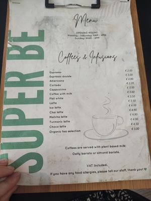 Hot drinks menu at Super Be Juicery in Marbella