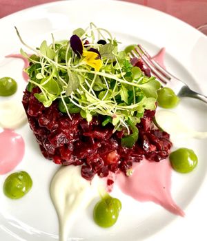 Beetroot, apple , avocado tartare   at Tedone in San Sebastian
