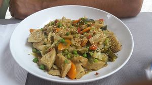 Home made seitan in a wok at Tedone in San Sebastian