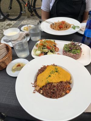 Red rice with tofu, spaghetti with mushrooms and buckwheat saladd  at Tedone in San Sebastian