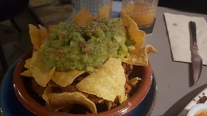 Nachos with guacamole and vegan chili (minus the cheese) at Blat al Sac in Mallorca