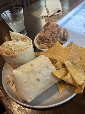 Vegan burritto, sweet potato mash and chip n salsie   at Black Sheep in Charleston