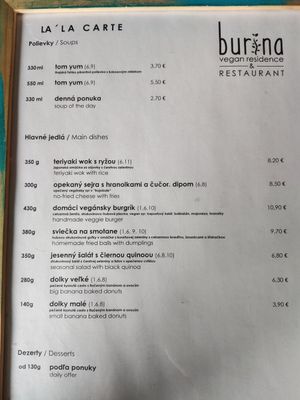 Menu at Burina in Liptovsky Mikulas