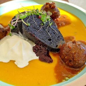 Charcoal dumplings, no-meat balls, veg sauce at Burina in Liptovsky Mikulas