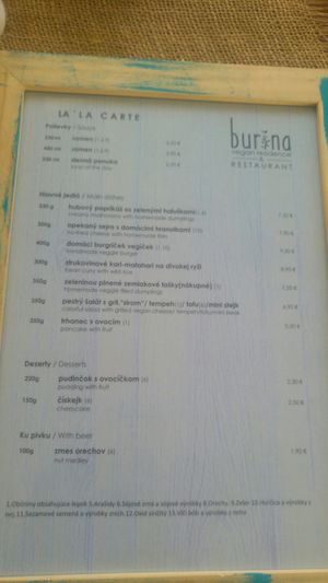 Menu at Burina in Liptovsky Mikulas