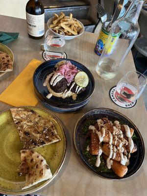 Heritage carrots, house falafel and humous, skin on fries and flatbread pictured. Also had the baba ganoush dip and mushroom kebab which was amazing!  at Hafla Hafla in Liverpool
