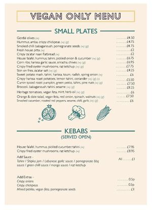 Vegan menu (correct as of 13/05/23) at Hafla Hafla in Liverpool