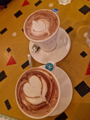 Vegan hot chocolates- one with soya milk and caramel syrup. The other with coconut milk at Lounges - Piero Lounge in Nuneaton