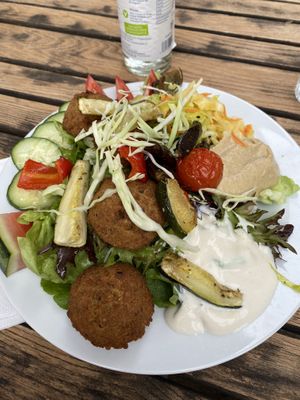 Falafel plate with salad and dips  at Bio-Cafe Kieselstein in Potsdam