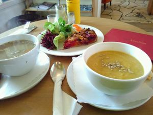 Delicous parsnip cream soup, pea soup and vegan quiche with salad at Bio-Cafe Kieselstein in Potsdam
