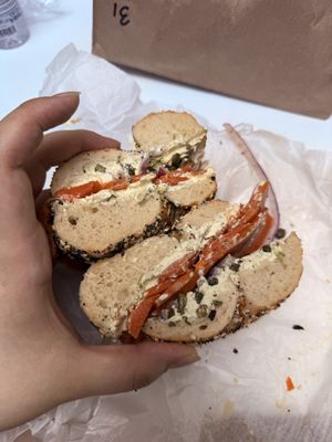 Everything bagel with carrot lox  at Pigeon Bagels in Pittsburgh