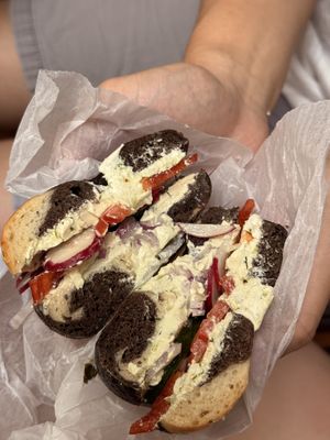 Veggie sandwich on marble rye (tofu herb schmear)  at Pigeon Bagels in Pittsburgh