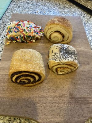Rugelach
Top, L-R
 Strawberry, Apple

Bottom, L-R
Brown Sugar, Fig  at Pigeon Bagels in Pittsburgh