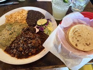 Los Dos Moles (half mole poblano and half mole verde)  at Casa Tina in Dunedin