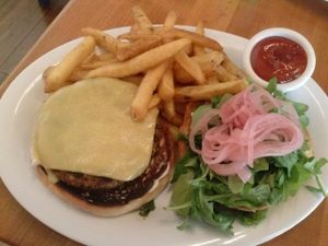 quinoa and veg burger with fries at Veggie Grill in West Hollywood