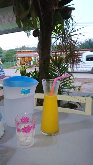 Mango Shake 50 Baht, Full of mango, nearly no ice added. Free water available so you don't waste plastic bottles.  at Jimmy's Fried Chicken in Koh Lanta