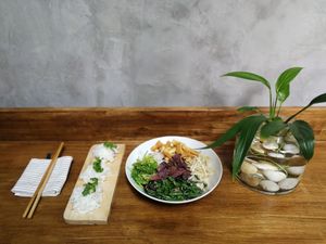 Khanom Jeen Tom Kha - with sauteed tofu and sweet potato at Seeds & Sunshine in Bangkok