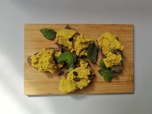 Golden Hummus on sprouted wheat & triple seeded bread at Seeds & Sunshine in Bangkok