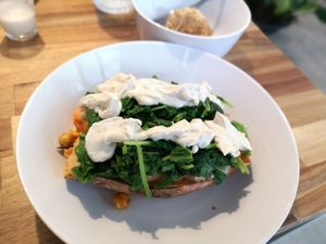 Sweet potato with chickpeas, cookie dough in the background. at Seeds & Sunshine in Bangkok