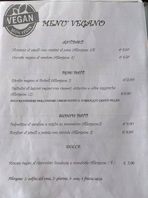 Vegan menu page  at Alla Bella Napoli in Belluno