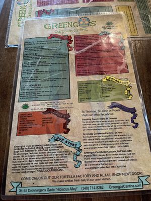Menu  at Greengos Caribbean Cantina in St Thomas
