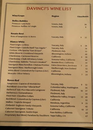 Wine List at Da Vinci in Bloomington