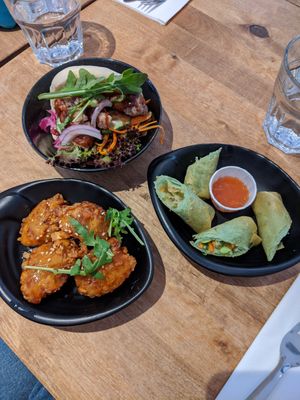 Mock duck bao, sweetcorn fritters, vegetable spring rolls at Ottimmo Bao Bao in Uxbridge