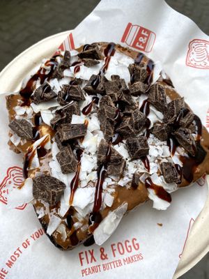 Toast, PB, chocolate & coconut. Choc sauce too. Heaven   at Fix & Fogg in Wellington