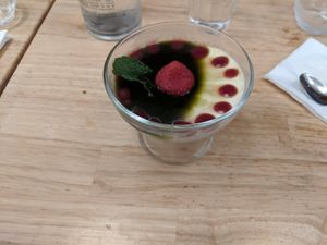 Soy milk panacotta with matcha syrup and raspberry coulis at Ippudo - Louvre in Paris