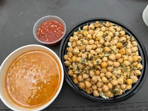 Lentil soup, spicy garbonzo beans with rice and house hot sauce.  at Vegiterranean Kitchen in Moorpark