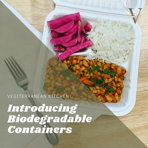 White Bean Plaki with a side of rice and turnip pickles in our new biodegradable container! at Vegiterranean Kitchen in Moorpark