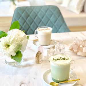 beauty blend matcha latte & chai tea soy latte at Vegan Cafe By Love in Tokyo