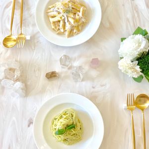 creamy genovese and penne alfredo.
no oil and oriental vegan friendly ♡ at Vegan Cafe By Love in Tokyo