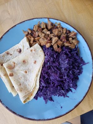Seitan duck, steamed cabbage and potato flatbreads at Loove by Vegana in Bratislava