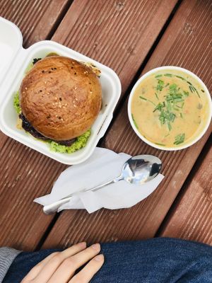 “cigánska” burger and a bean creamy soup at Loove by Vegana in Bratislava