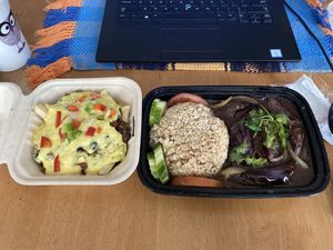 Chili Cheese Fries and Holy Eggplant with Brown rice at Loving Hut in Norcross