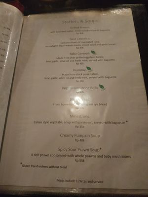 Menu at Asmara in 