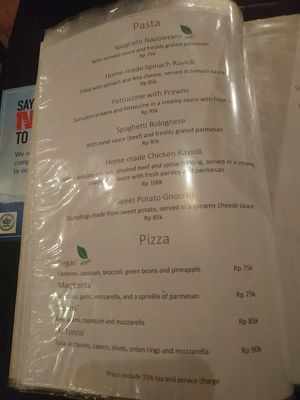 Menu at Asmara in 