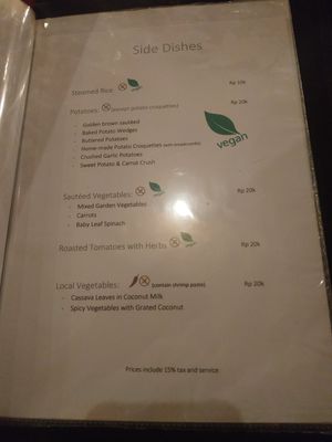 Menu at Asmara in 