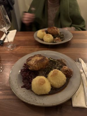“Duck” with red cabbage, kale and potato dumplings, amazing  at Försters in Berlin
