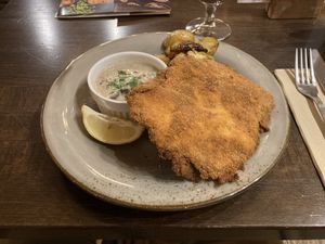 Vegan Chicken Schnitzel w/ Rosemary Potatoes and Mushroom Sauce - 8.5/10  at Försters in Berlin