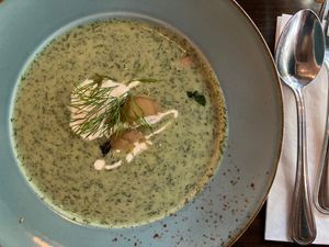 Cold cucumber soup: at least 50% dill and served with well-marinated king oyster mushrooms at Försters in Berlin