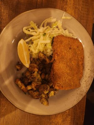 Cordon Bleu schnitzel with German roasted potatoes and coleslaw at Försters in Berlin