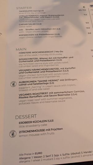 A sample of the menu at Försters in Berlin