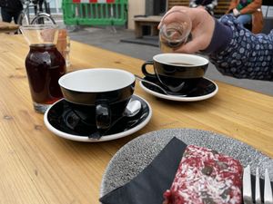 Brewed coffee is served in these rather nice carafes   at Kaffeine in London
