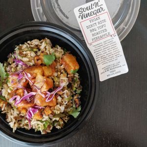 Vegan dirty rice with BBQ tofu and roasted pineapple at Soul n' Vinegar in Richmond